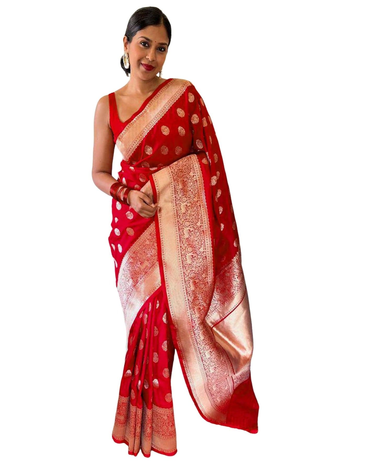 SIRIL Women's Banarasi Silk Saree Pure Silk Saree With Unstitched Blouse Piece (3984S490_Red)