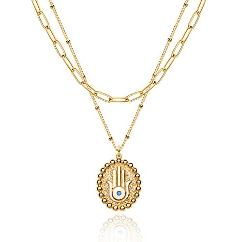 MEVECCO Gold Layered Choker Necklace for Women, 18K Gold Plated Dainty Oval Hamsa Pendant Minimalist Paperclip Double Layer Necklace for Jewelry
