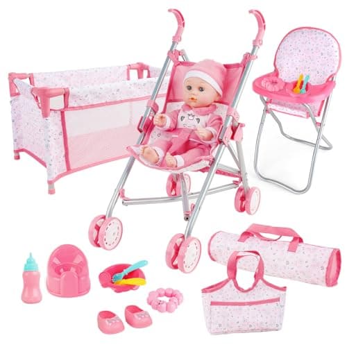 deAO Baby Doll Stroller Crib Bed Nursery Role Play Set Baby Doll Accessories and Play Mat,Travel Cot,Bouncer,Foldable Stroller and Travel Bag Birthday for Girls Boys Kids