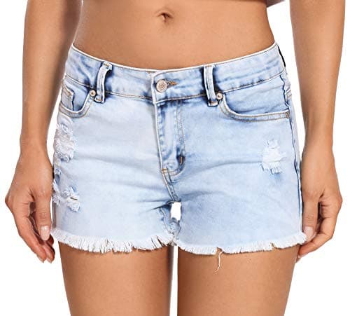 Foucome Women's Denim Shorts Summer Casual Low Waisted Frayed Raw Hem Ripped Denim Jean Shorts (White Blue, L)