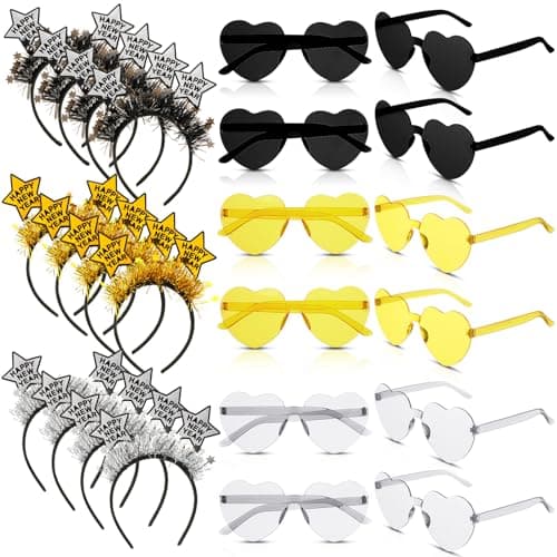 Jutom 24 Pcs 2026 New Year Eve Party Supplies for 12 Guests Happy New Year Headbands Gold Black Eyeglasses Accessories Kit for 2026 Eve Party Decorations Holiday Celebration