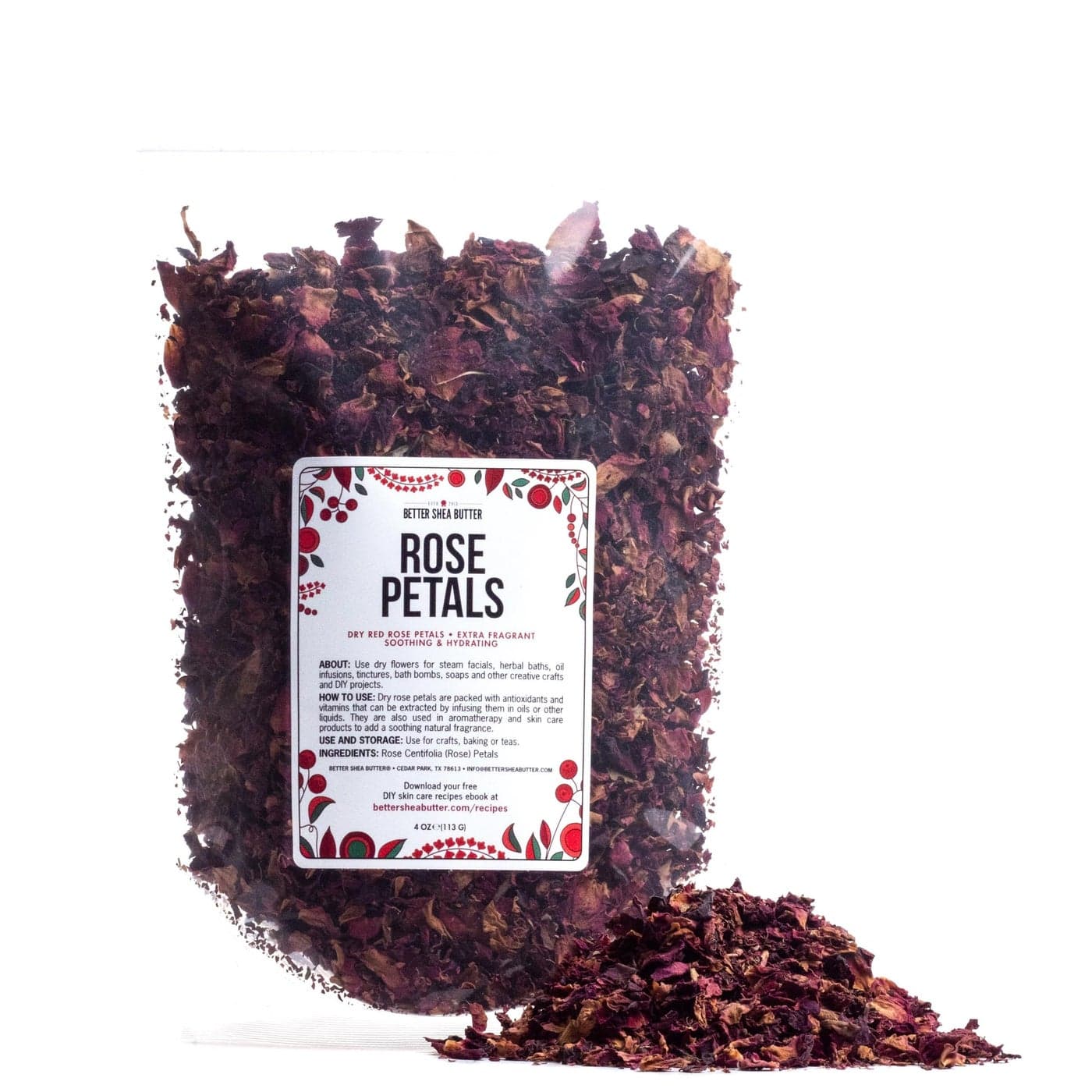 Dried Rose Petals Edible Food Grade Red Petals for Cooking and Tea Suitable for Soap Making Infused Oils Lipgloss Bath Bombs Bath Wedding Confetti 4 oz by Better Shea Butter