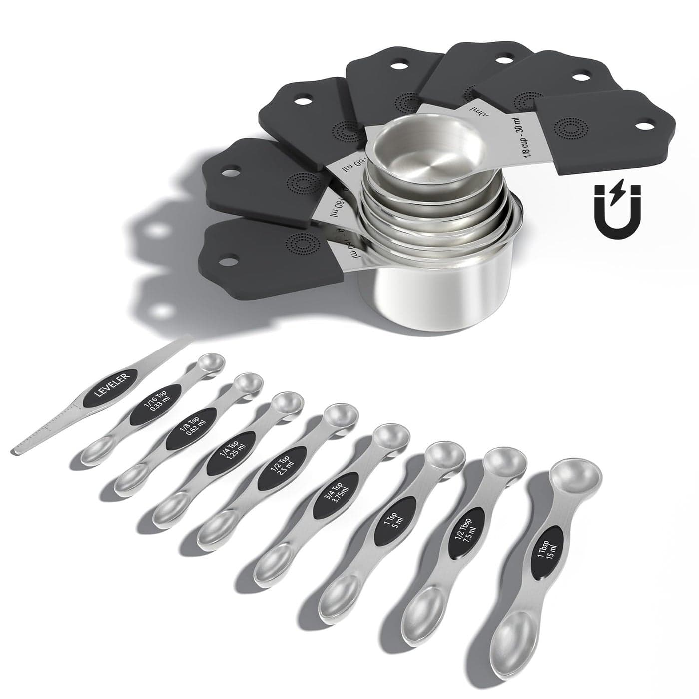 Magnetic Measuring Cups Spoons Set Heavy Duty 304 Stainless Steel Double Measurement Markings Strong N52 Magnet Set of 16 with Leveler for Measure Dry Liquid Ingredient Dishwasher Safe Black