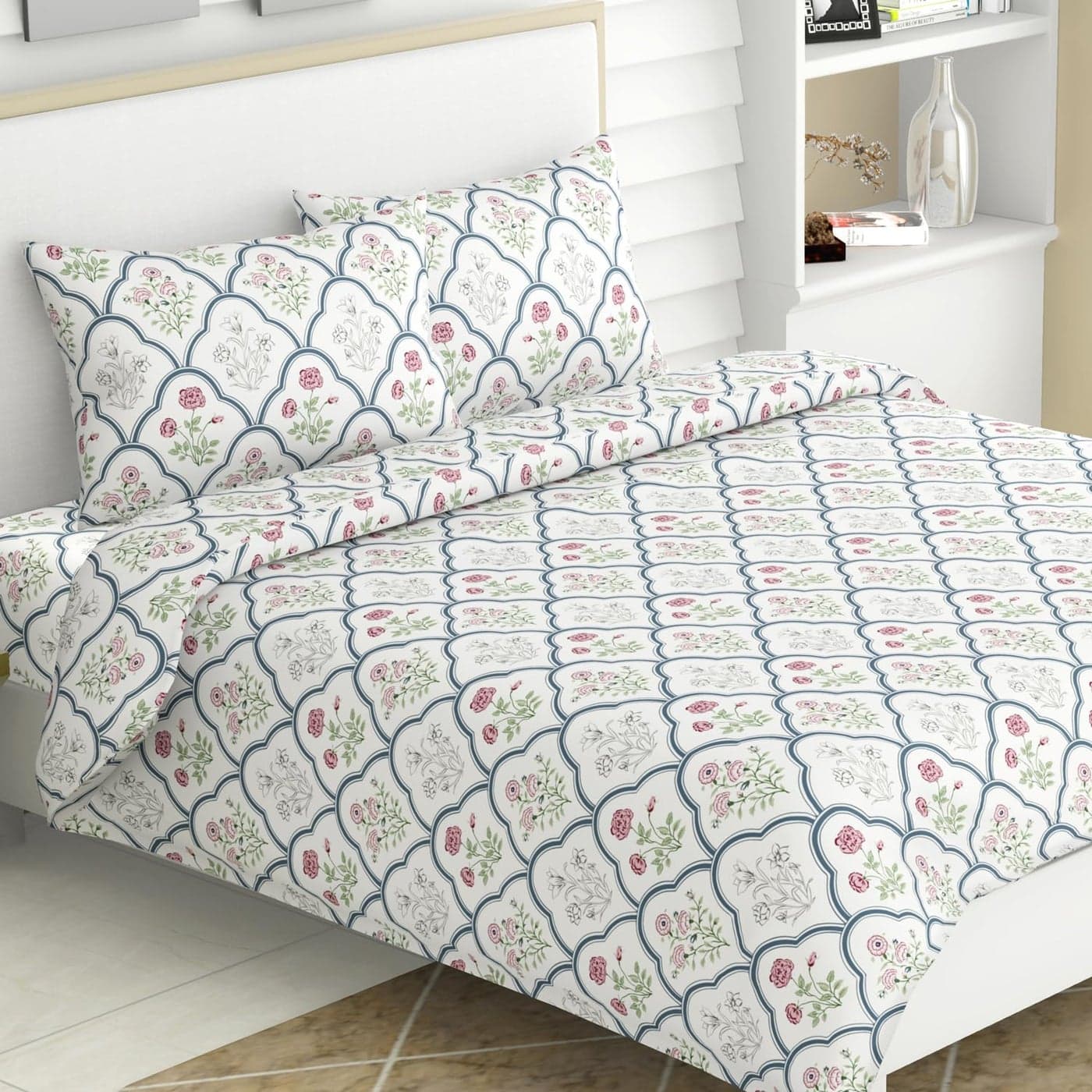 Haus Kinder King Size Bedsheets for Bed 186 TC 100 Cotton Bed Sheet for King Size Bed with 2 Pillow Covers Classic Trellis Bedsheet