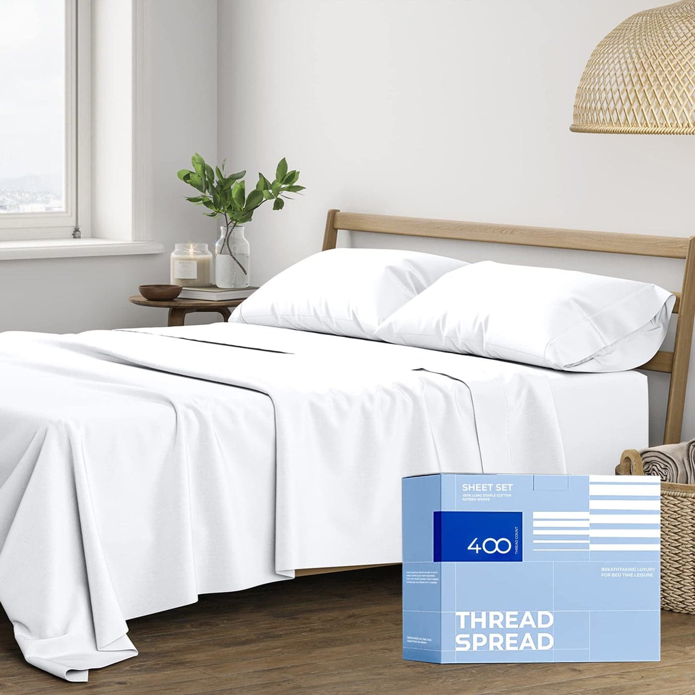 THREAD SPREAD King Size Cotton Sheets Set 400 Thread Count 4 PC 100 Cotton Sheets for King Bed 16 in Deep Pocket King Size Cotton Sheets Set for Hot Sleepers Luxury Hotel Cooling Sheets White