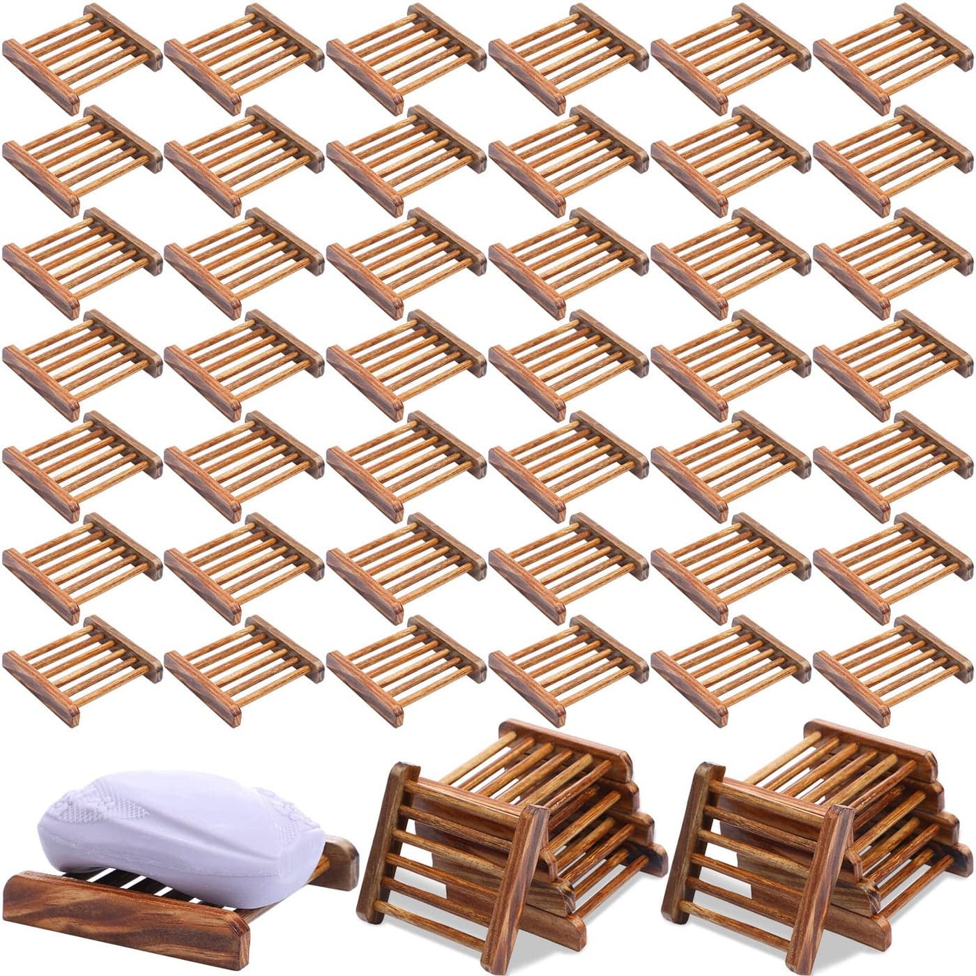 Amyhill 50 Pcs Bamboo Wood Soap Dish Bulk Bathroom Wooden Soap Holder Savers Self Draining Dishes Handcraft Tray 33 x 33 x 067 Inch Charcoal Color
