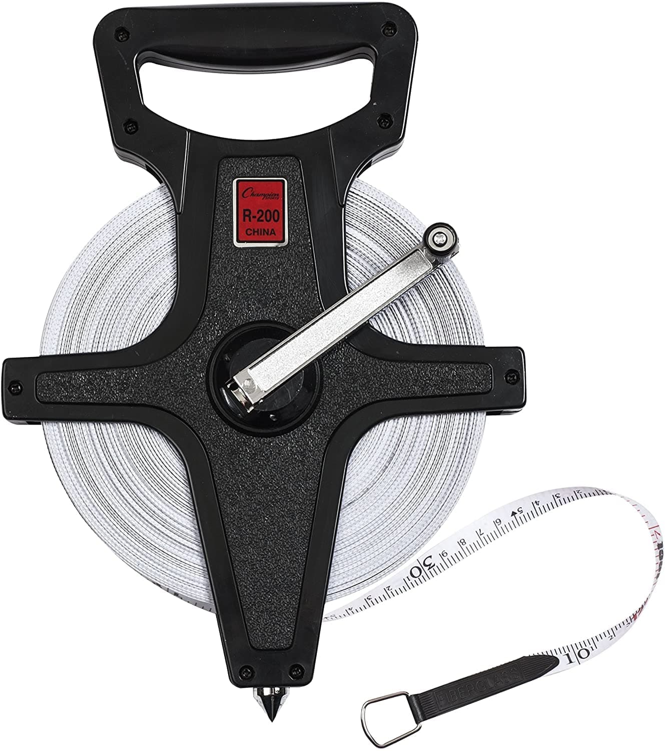 Champion Sports Open Reel Measure Tape 200 ft 60 Meters with Metal Spike Hand Crank Open Tape Measure for Track and Field Long Jump Durable DualSided Measuring Reel with Feet and Meters