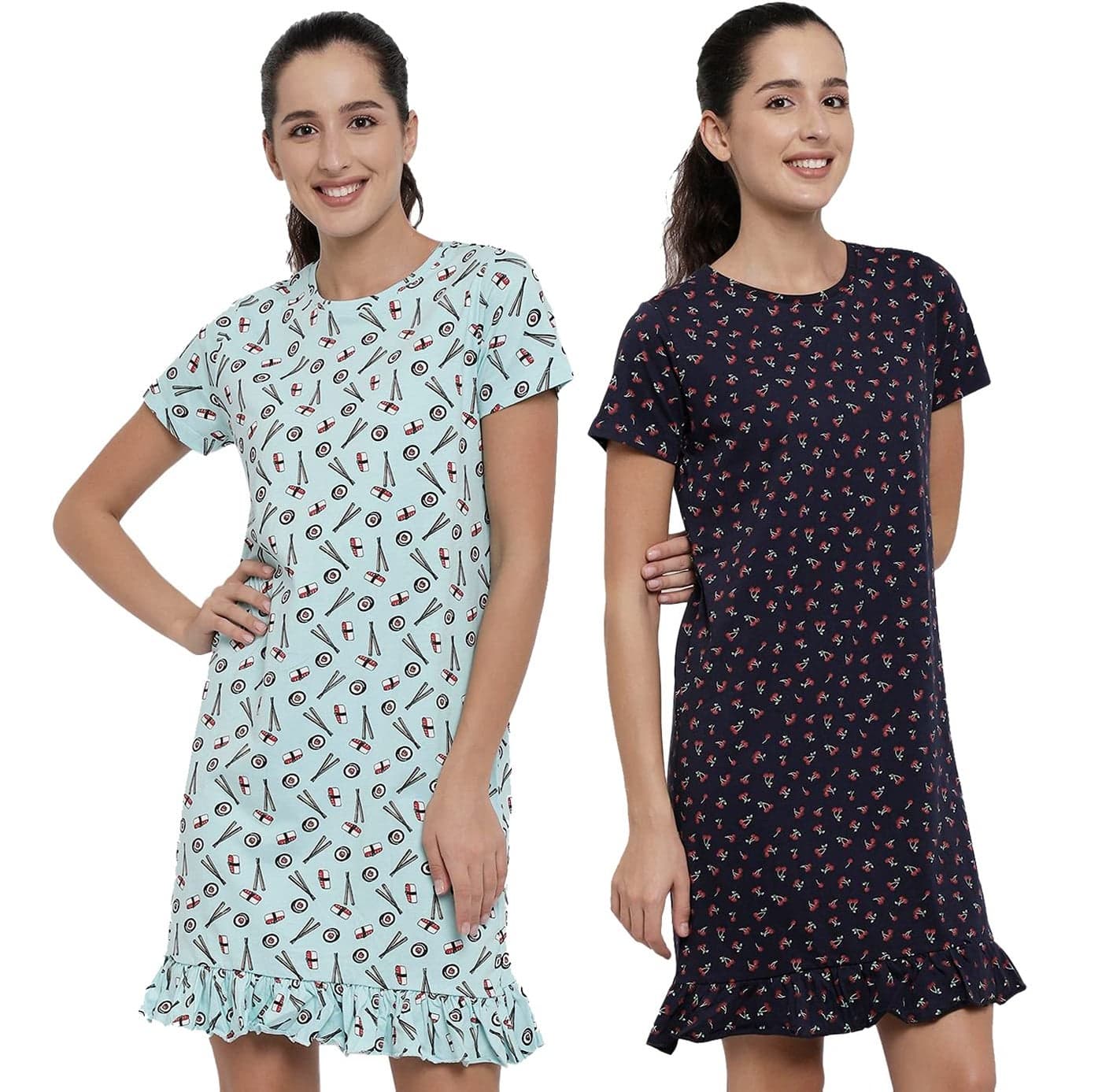 Real Basics Women's Cotton Printed Knee Length Nightdress (RB-W-LTee-M-P2-(Cherry+Chop)_Set_M)