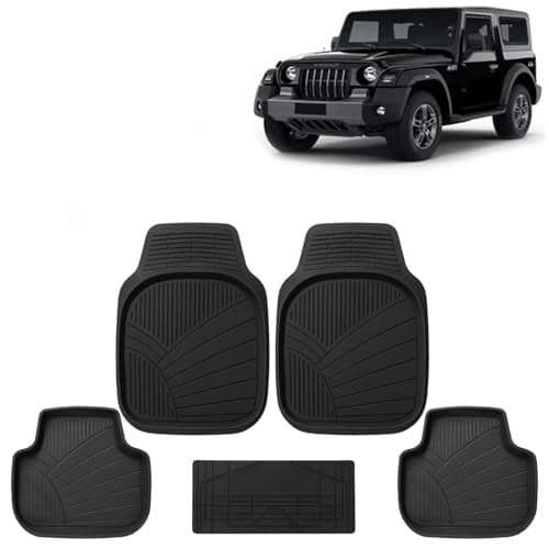 KINGSWAY Accessories Premium 5 Pcs PVC Car Floor Mat Compatible with Mahindra Thar Year 2020 Onwards, Waterproof, Anti Slip, All Weather Protection, Easy to Clean Car Foot Mats, Black 5G