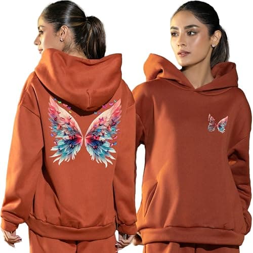 London Hills Woman Hooded Sweatshirt, Women Graphic Print Cotton Blend Fleece Long Sleeve Full-Length Rust