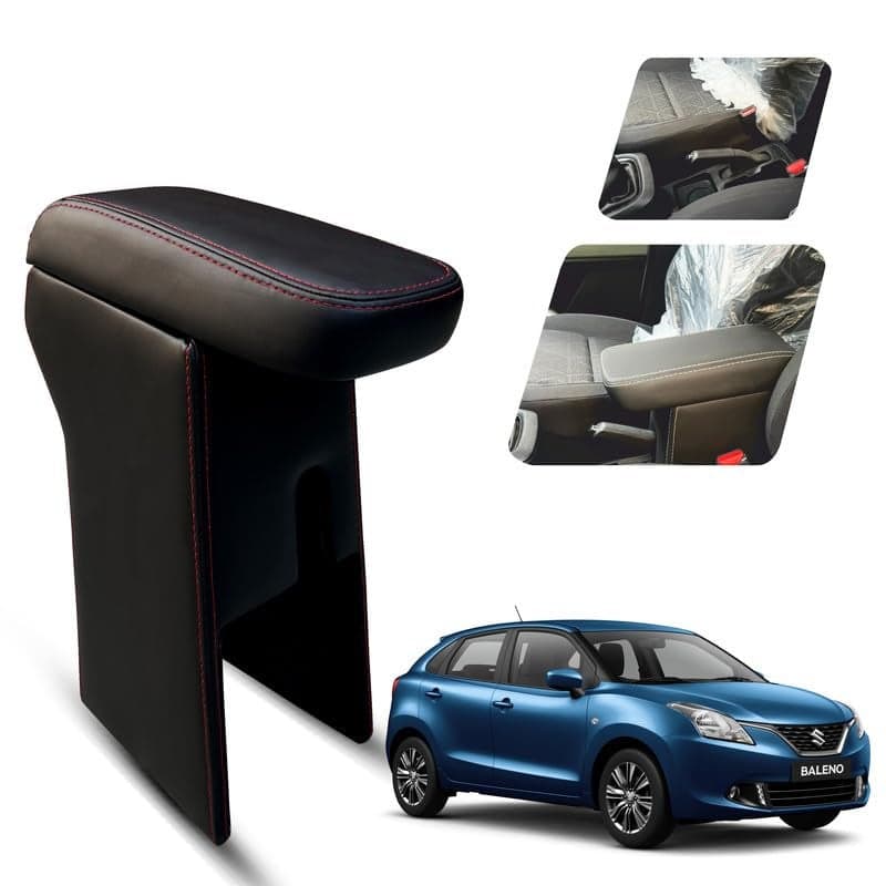 Carigiri Premium Finish Car Armrest with Storage Box And High Density Moulded Foam For Maruti Suzuki Baleno (Models-2015-2021) (Black With Red Double Stitching,Nappa Leatherette)