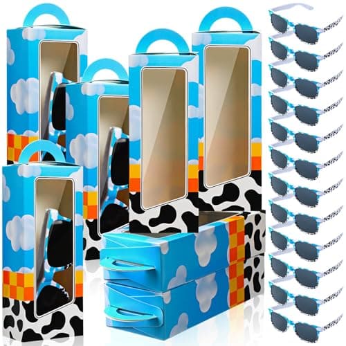 Relaxweex 12 Sets Cartoon Farm Party Favors Includes Cow Pattern Party Gift Boxes Blue Sky White Cloud Sunglasses DIY Christmas Birthday Supplies