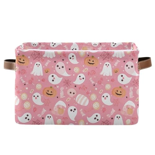 Wamika Halloween Pink Storage Basket with Waterproof Liner and PU Handles Pumpkin Ghost Candy Storage Bins Boxes 142 Collapsible Decorative Organizer Baskets for Bedroom Closet Office 1 Pack