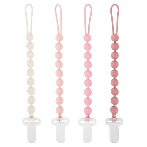 MINMUNJIU Pacifier Clips Baby Girl 4 Pack One Piece Flexible Soft Binky Clips Silicone Pacifier Holder Clip for Girls Baby Girl Newborn Essentials
