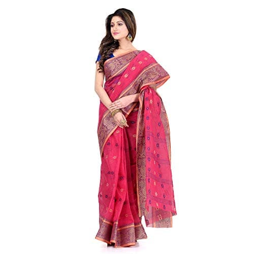 dB DESH BIDESH Women`s Traditional Bengal Tant Woven Bee Kolka Design Pure Handloom Cotton Saree Without Blouse Piece (Pink)