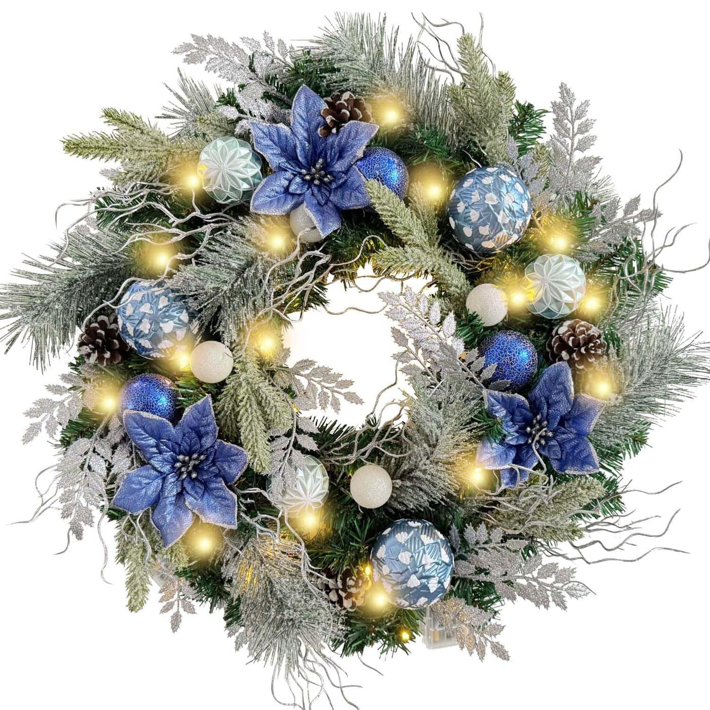 WANNACUL PreLit 24 Inch Christmas Wreath for Front Door Silver Blue Lighted Christmas Door Wreath Decoration with Ball Ornaments Poinsettia FlowersPine Cones Battery Operated 30 LED Lights