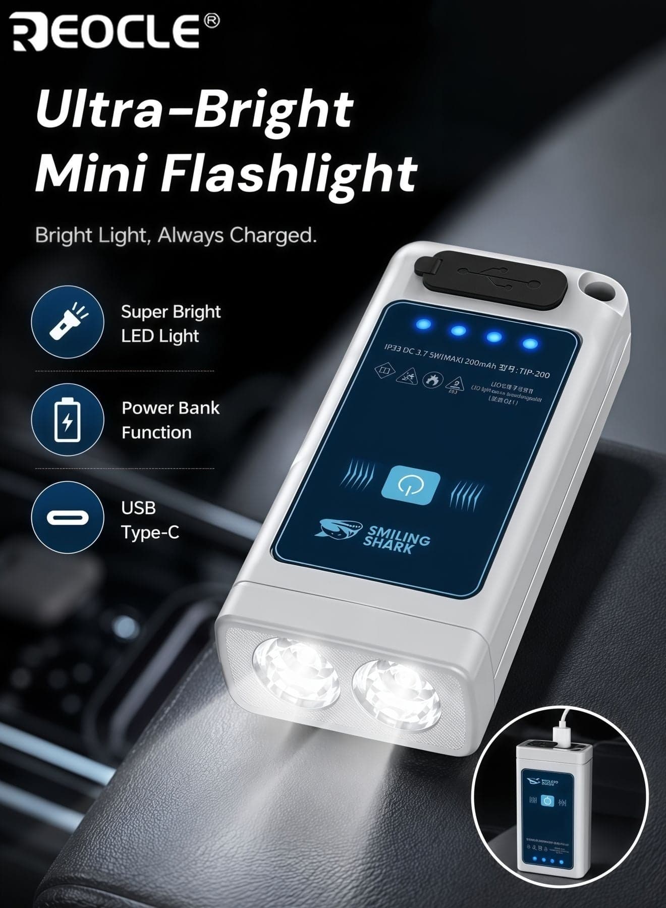 LED Mini Flashlight Ultra Bright 3 Modes USB Rechargeable with Battery Power Display Pocket Size for Outdoor Camping Adventure and Emergency Use