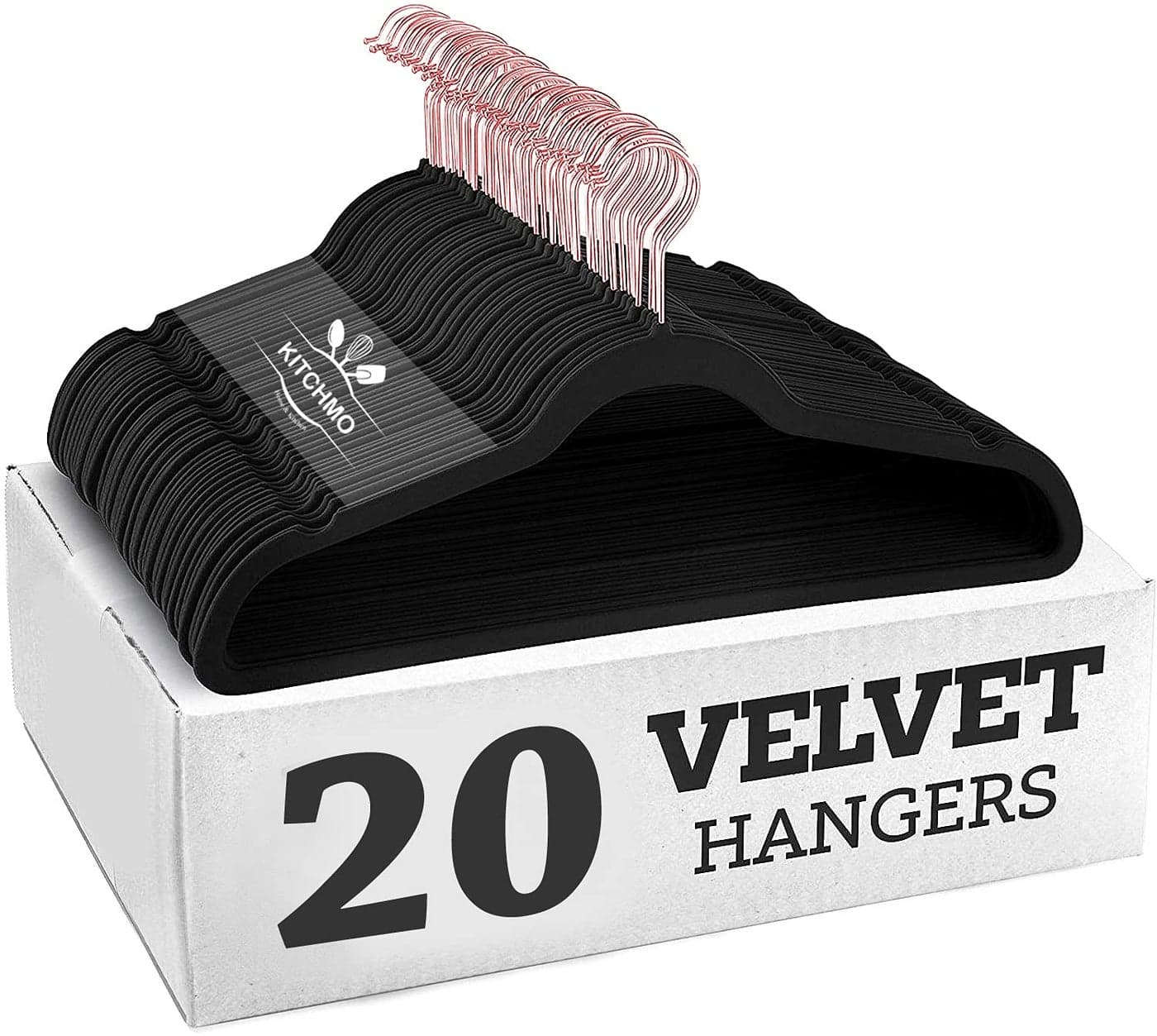KITCHMO- Premium Velvet Hangers Non Slip Velvet Suit Hangers Rose Gold Hooks,Space Saving Clothes Hangers Velvet Hangers Non-Slip 360 Degree Swivel Hook Clothes Hangers Velvet (Black, Pack of 20)