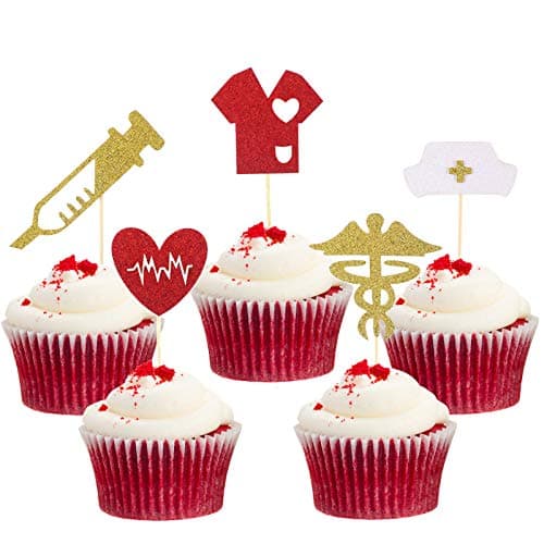 50 Pieces Nursing Cupcake Toppers Glitter Nurse Graduation Cupcake Toppers and Picks Decorations with Nurse Cap Heart Design for Theme Party Supplies 5 Styles