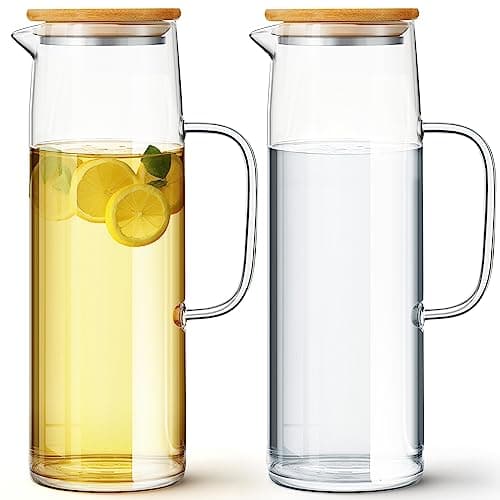 Hsei 2 Sets Glass Pitcher with Lid, 50 oz / 1500 ml Water Carafe with Handles Hot Cold Beverage Water Jar Glass Jug for Tea Juice Milk Coffee Iced Beverage