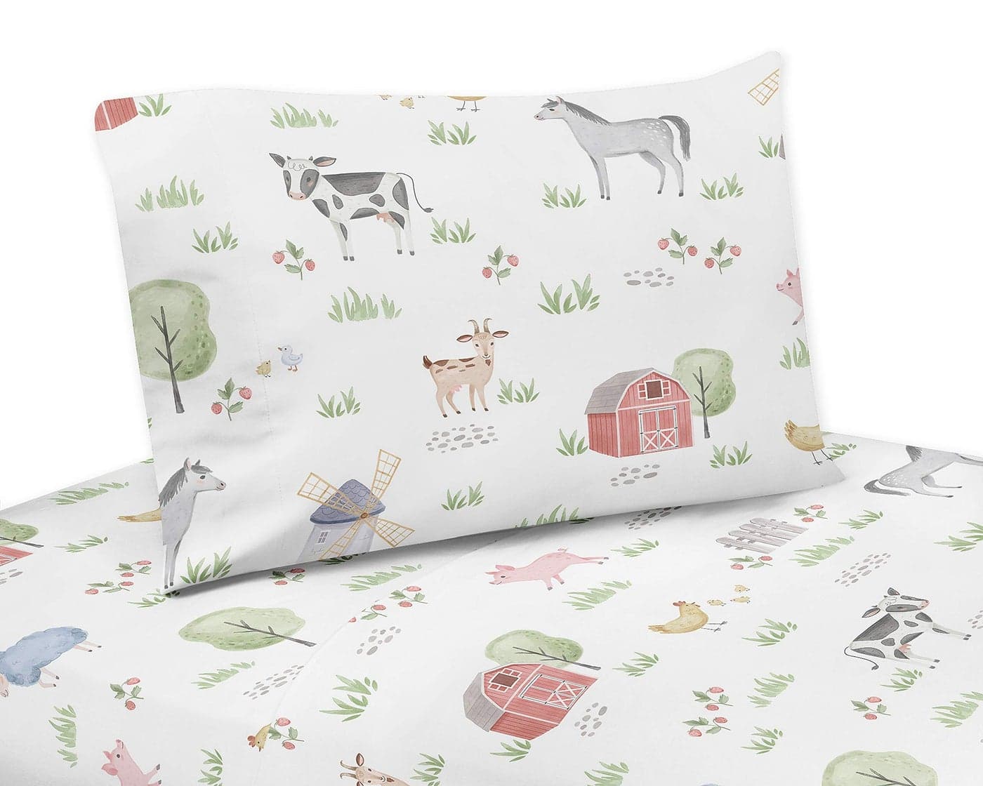 Sweet Jojo Designs Farm Animals Twin Sheet Set 3 Piece Set Watercolor Farmhouse Horse Cow Sheep Pig