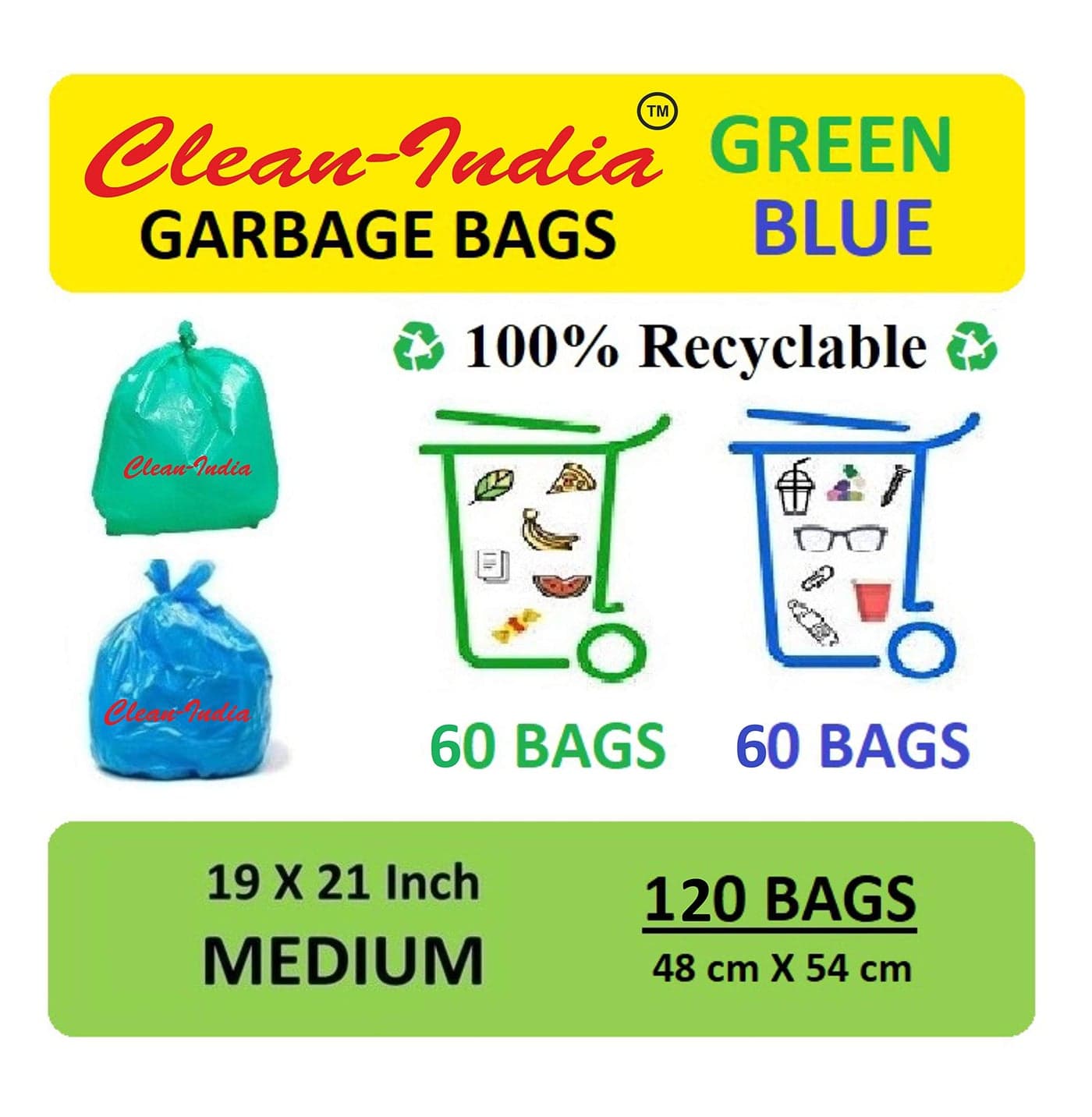 Clean India - 4 Packs (120 Bags) Medium 54X48 cm | Medium Disposable Garbage Bags for Wet and Dry Waste (2 Packs Green and 2 Packs Blue)