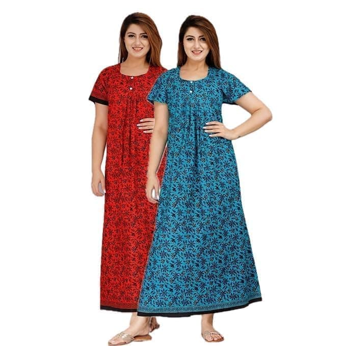 XAKALAKA Women's Cotton Nightgown – Pack of 2 Printed Maxi Nighties | Ankle-Length Night Dress | Free Size Cotton Sleepwear for Women (Blue&Red, Free Size)