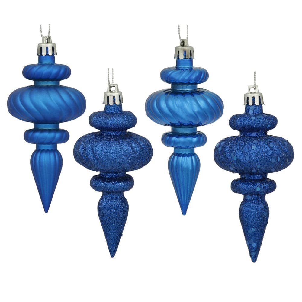 Vickerman 4 4Finish Finial Ornament Shatterproof Plastic Christmas Tree Decoration 8 Pack Blue Shiny Matte Glitter and Sequin Finishes