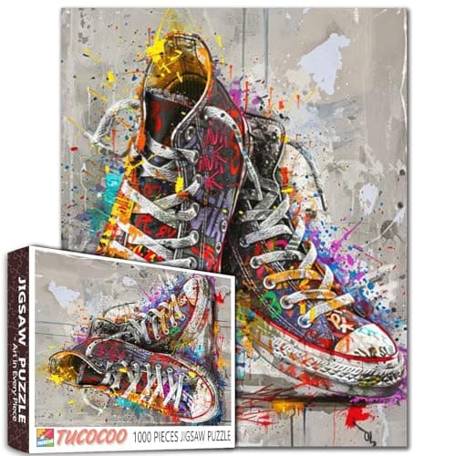 Jigsaw Puzzles 1000 Pieces for AdultsBanksy Street Style Sneakers Hardboard PuzzleChallenging Puzzle Perfect for Game NightsDIY Home Wall DecorArt PuzzlesGraffiti Red Shoes Art 27 x 20