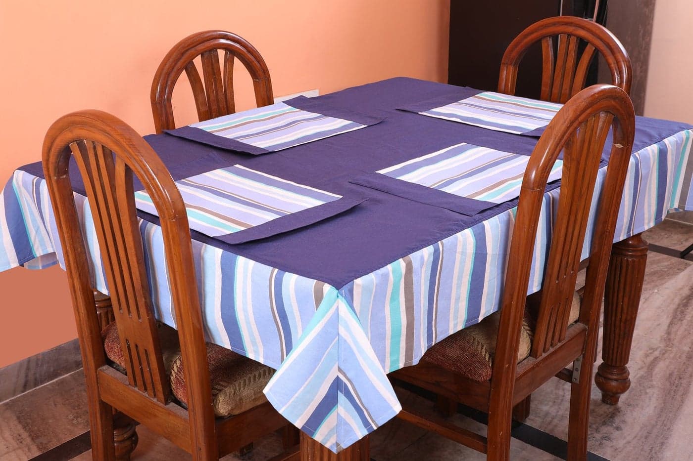 Dekor World Stripe Printed Blue Table Cover with Place Mat (Pack of 7)