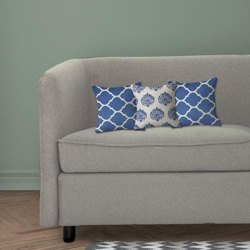 Trance Home Linen 100% Cotton Printed 12x12 inch Cushion Covers for Sofa and Diwan | Throw Pillow/Small Cushion Pillow Covers – (12x12 inch | 30cm x 30cm, Dori & Damask Blue)– Set of 3