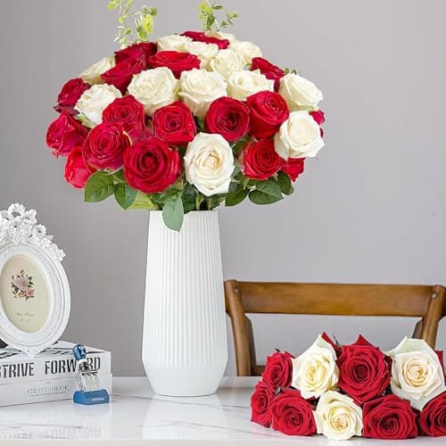 Pyopbow 20PCS Artificial Roses with Long Stems - Realistic Silk Flowers, Fake Roses Real Touch Bouquet of Roses for Mother's Day, Home Decor, Bridal Wedding Party, Bulk Faux Rose Flowers (White Red)