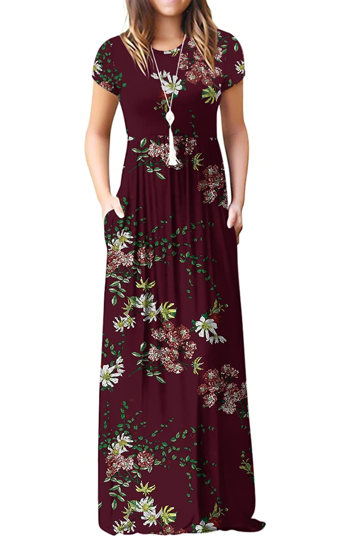 VIISHOW Women's Short Sleeve Floral Printed Dress Loose Plain Maxi Dresses Casual Long Dresses with Pockets(Floral Wine red L)