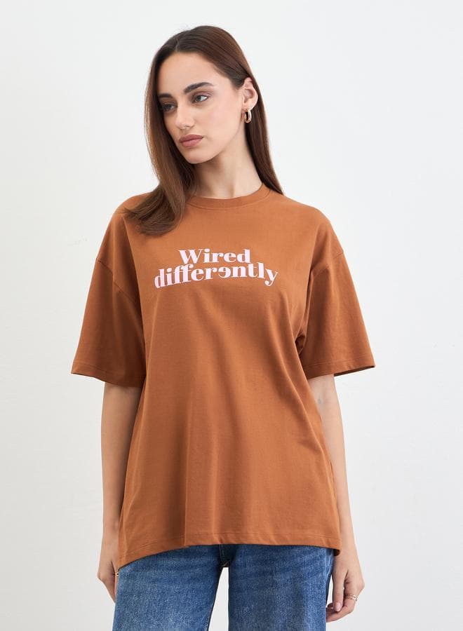 Brown Slogan Print Oversized T-Shirt