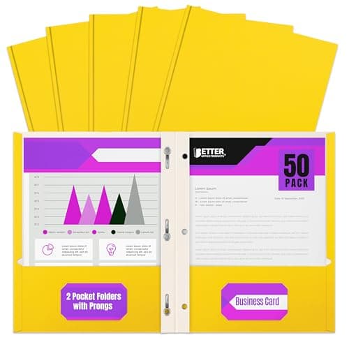 Better Office Products Yellow Paper 2 Pocket Folders with Prongs, 50 Pack, Matte Texture, Letter Size Paper Folders, 50 Pack, with 3 Metal Prong Fastener Clips, Yellow