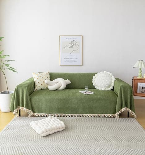 HANDONTIME Christmas Green Sofa Cover Vintage Couch Cover for Dogs 71" X118" Couch Cushion Covers with Tassel Sofa Cover Boho Sofa Covers for 3 Cushion Couch Chenille Soft Loveseat Sofa Covers