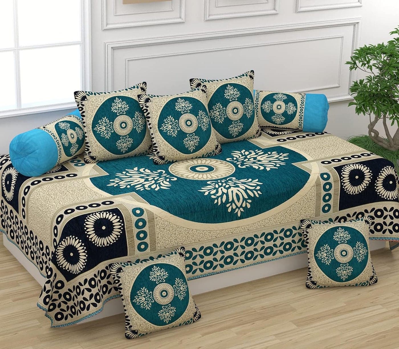 SAWNA HOMES Printed Chenille Velvet Diwan Set 8 Pieces 1 Single Bedsheet 5 Cushion Covers 2 Bolster Covers Printed Velvet Fabric Cover Set Soft for Living Room Bedroom 8 Pieces Sky Blue