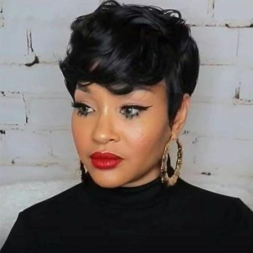 Short Pixie Wavy Cut Wig, Natural Black Synthetic Layered Curly Wig with Bangs for Women, Heat Resistant, 1B