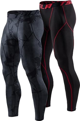TSLA Men's Thermal Compression Pants, Athletic Sports Leggings & Running Tights, Wintergear Base Layer Bottoms, 2pack Tights Black&red/Woodland Slash Black, Medium