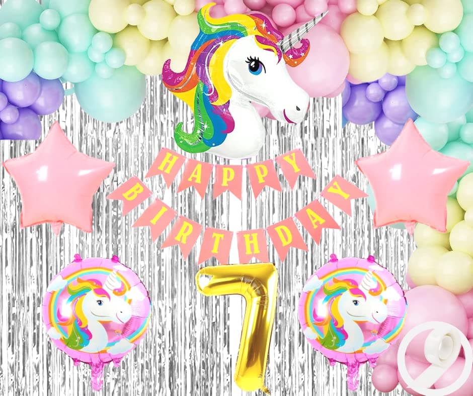 Flyloons 7th Unicorn theme birthday decorations items for Girls with Unicorn Foil Balloon,Light Pink Star Foil,Pink Purple Yellow Mint Pastel Balloons,Silver Foil Curtains,Foil number 7