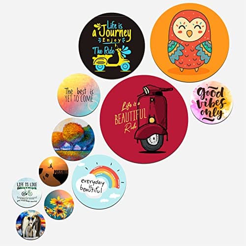 Artvibes Life Is A Journey Enjoy The Ride Decorative Round Shape MDF Wooden Wall Hanging | Quotes Decor Item | Traveller Quotes Wall Art | Wall Illustrations | Home Decor(WPS_112N), Set of 11