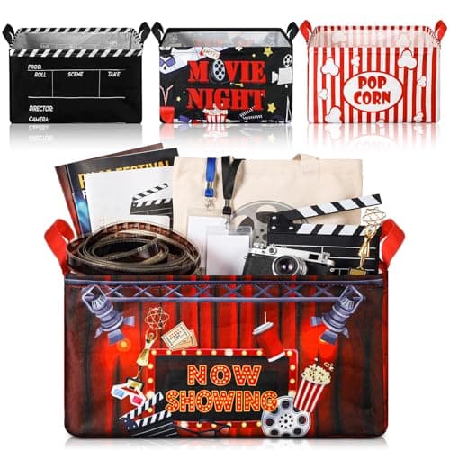 Breling 4 Pcs Movie Night Gift Baskets with Handles Movie Night Supplies Theater Clapboard Popcorn Large Collapsible Storage Bins Boxes for Gifts Snacks Wardrobe Shelves Home Storage 15 x 10 x 8 Inch
