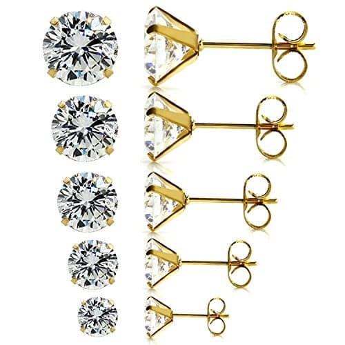 JewelrieShop Clear CZ Stud Earrings for Women Hypoallergenic Surgical Stainless Steel Cubic Zirconia Earring Studs for Ears Jewelry (5 Pairs, 3-7mm White CZ, Gold Post)
