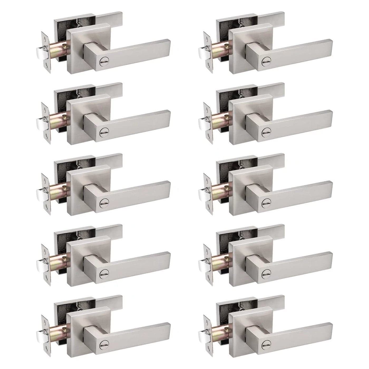 Probrico 10 Pack Square Door Lever Privacy Door Lock Handleset Keyless Lockset Door Knobs Storage Room Bathroom Set No Key in Satin Nickel