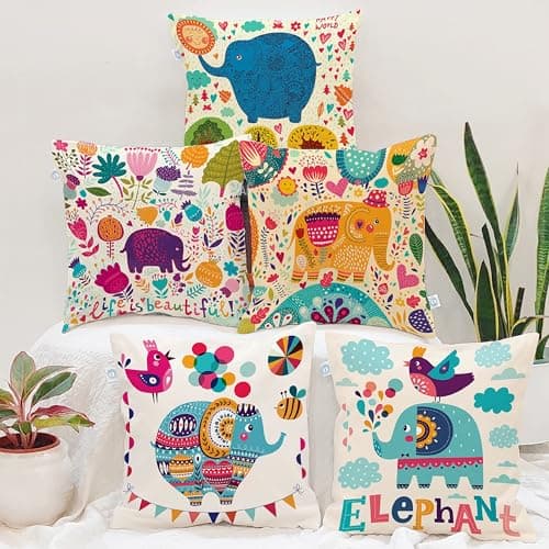 STITCHNEST Set of 5 Polycotton Cushion Covers – 16x16 Inches – Multicolor Elephant & Jungle Print – Playful Cushion Covers for Kids Room, Sofa & Living Room Decor