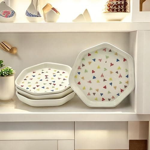 BACKKSPACE RETAIL Plates Set Ceramic | Hand Painted Floral Dessert Plates & Quarter Ceramic Plates Set of 4 (7 Inch) | Perfect Dinner Serving Plates, Starter Snacks Plates (Rainbow Hearts)