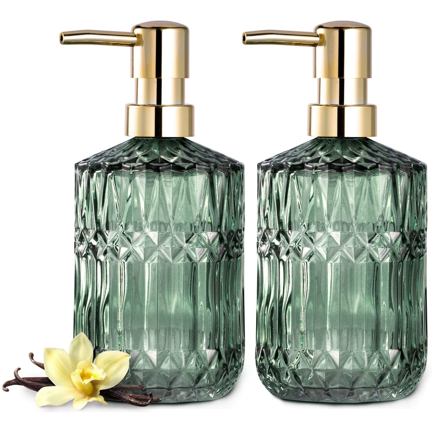 EMPO Clear Glass Soap Dispenser with ABS Plastic Pump Crystal Lotion Dispensers for Kitchen Sink Bathroom 2Pack Green