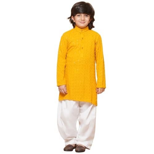 AJ DEZINES Boys Ethnic Kurta Pajama Set | Cotton Full Sleeve Chikankari Kurta with Sequins | Traditional & Festive Outfit | Mandarin Collar, Regular Fit | Special Occasion Outfit for Kids | YELLOW-6
