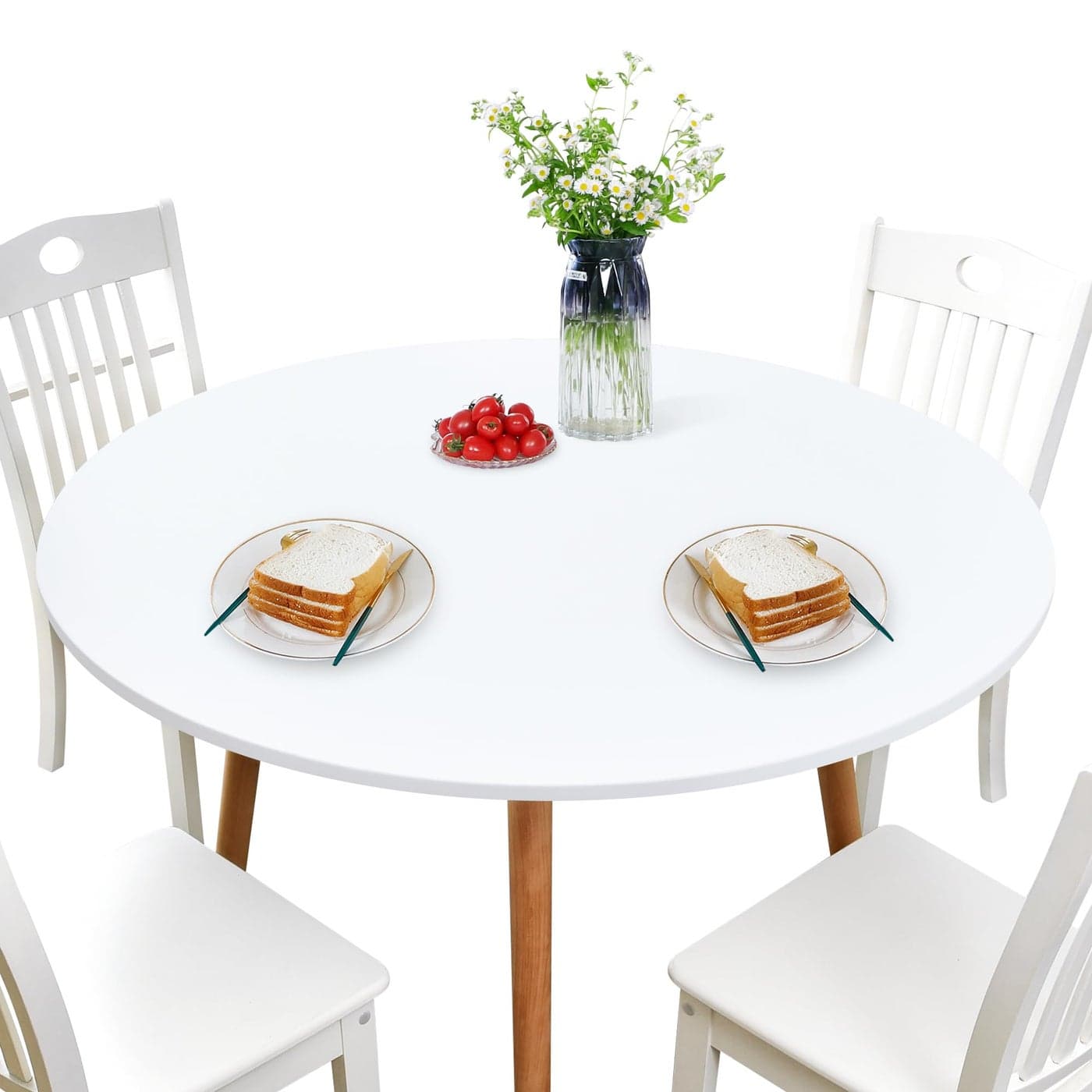 NEWISHER Round Fitted Table Cover Spandex Stretch Tablecloth White Table Top Cover with Elastic Edged for Dining Picnic Patio 48 inch