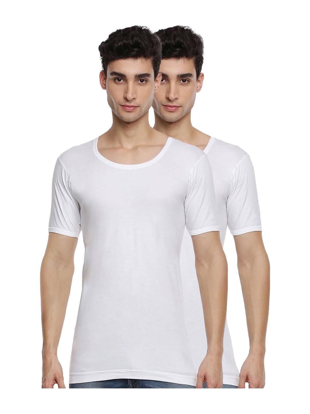 RAMRAJ COTTON Pack of 2 Men's White Round neck Half Sleeve Cotton Undershirt Vest(White_4;100)